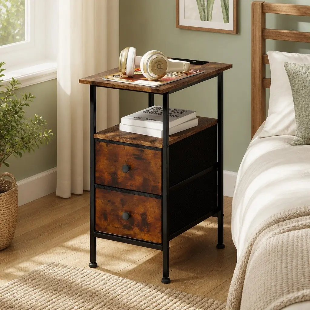 Bedside Table with 2 Drawers and USB Charging