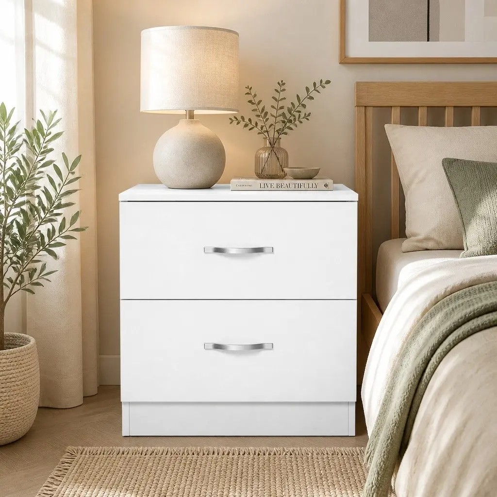 White Bedside Table with 2 Drawers
