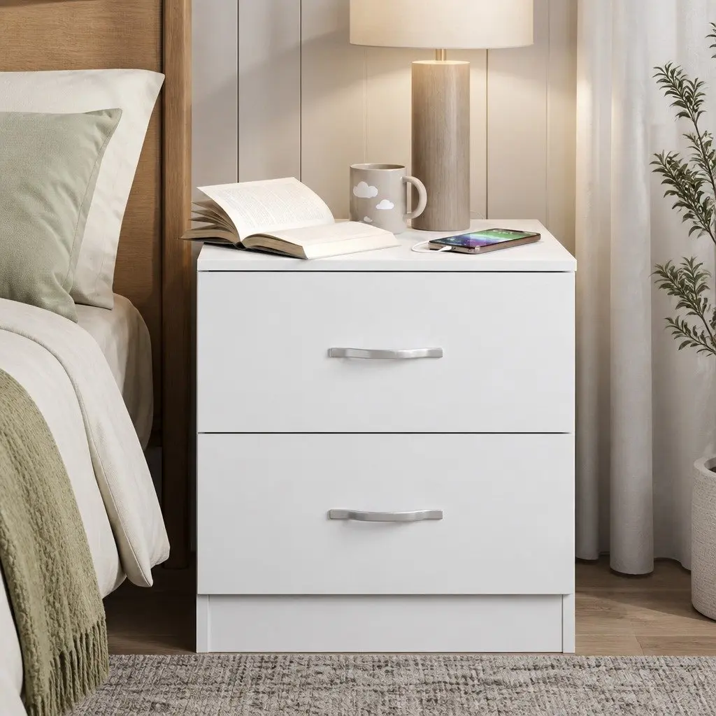 White Bedside Table with 2 Drawers