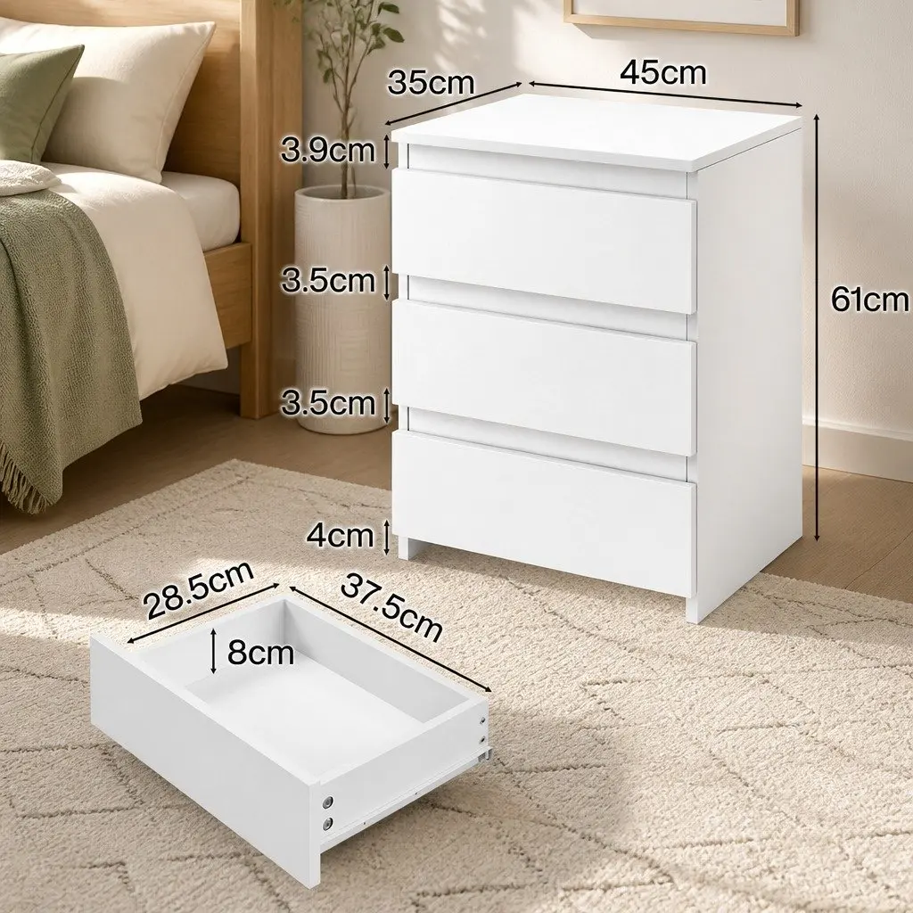 Bedside Table with 3 Drawers in White