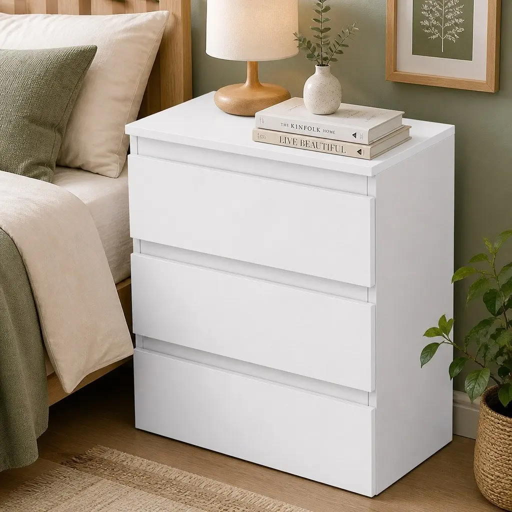 Bedside Table with 3 Drawers in White