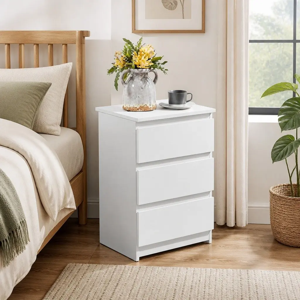 Bedside Table with 3 Drawers in White