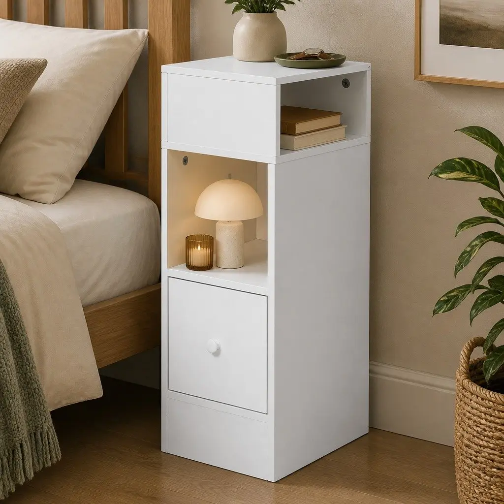 Slim Bedside Table with Storage Drawer and Shelves