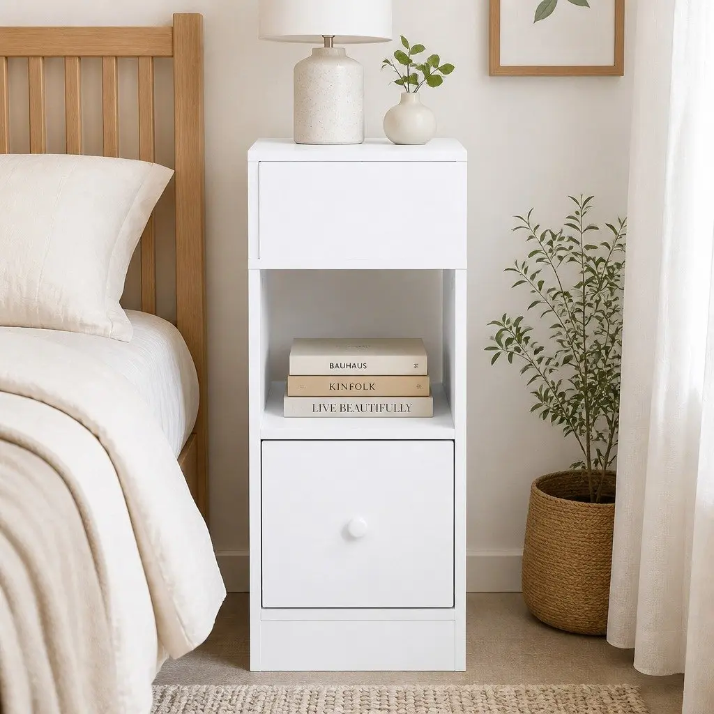 Slim Bedside Table with Storage Drawer and Shelves