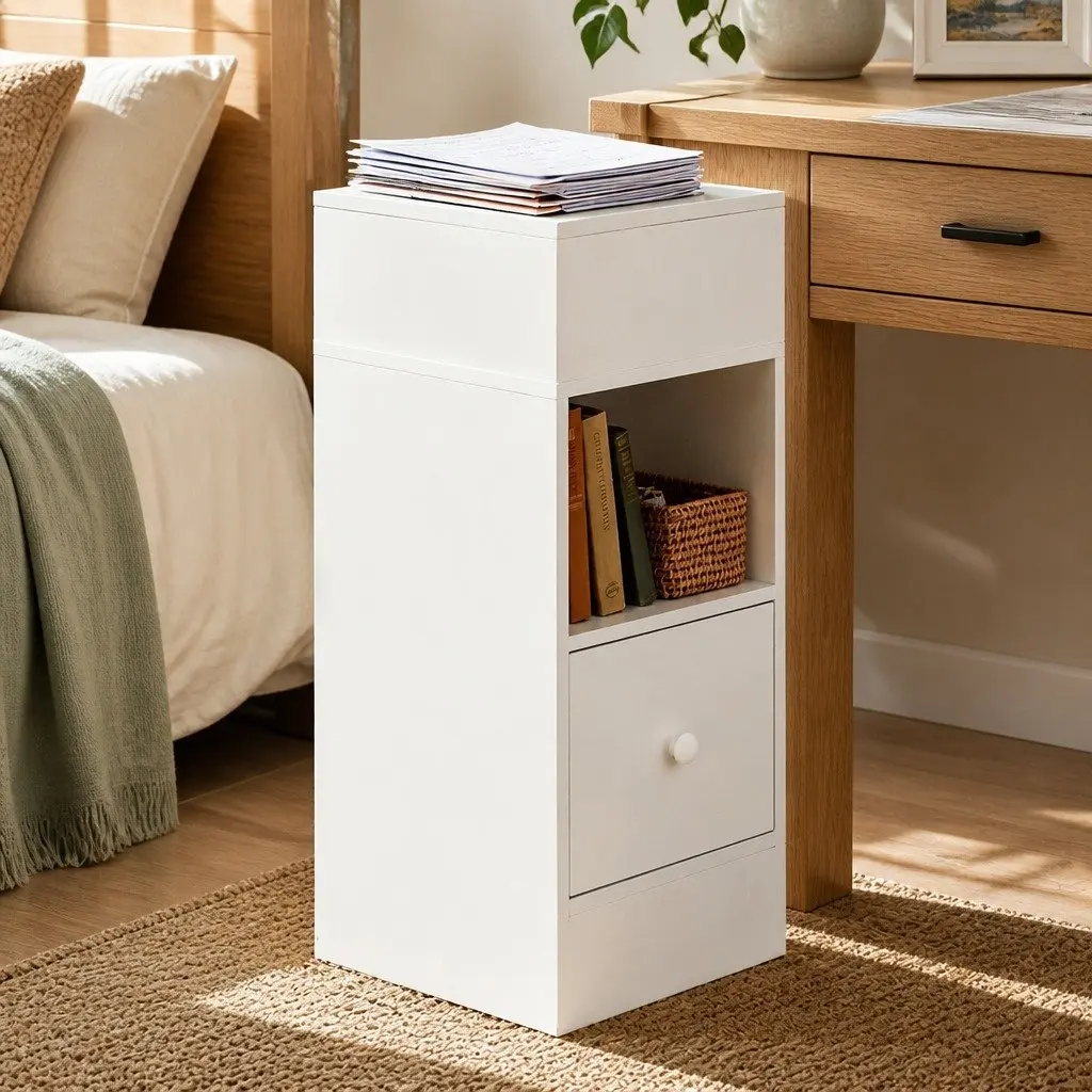 Slim Bedside Table with Storage Drawer and Shelves