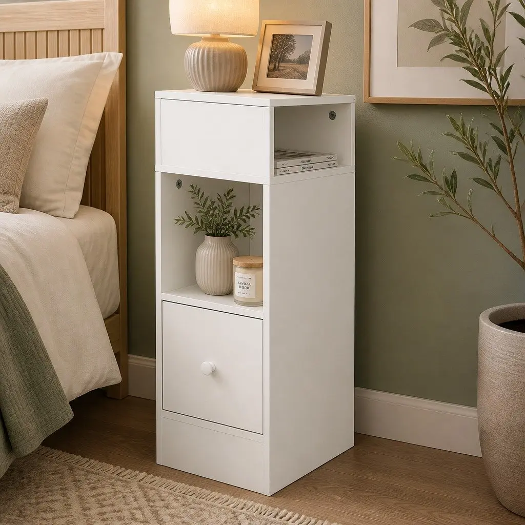 Slim Bedside Table with Storage Drawer and Shelves