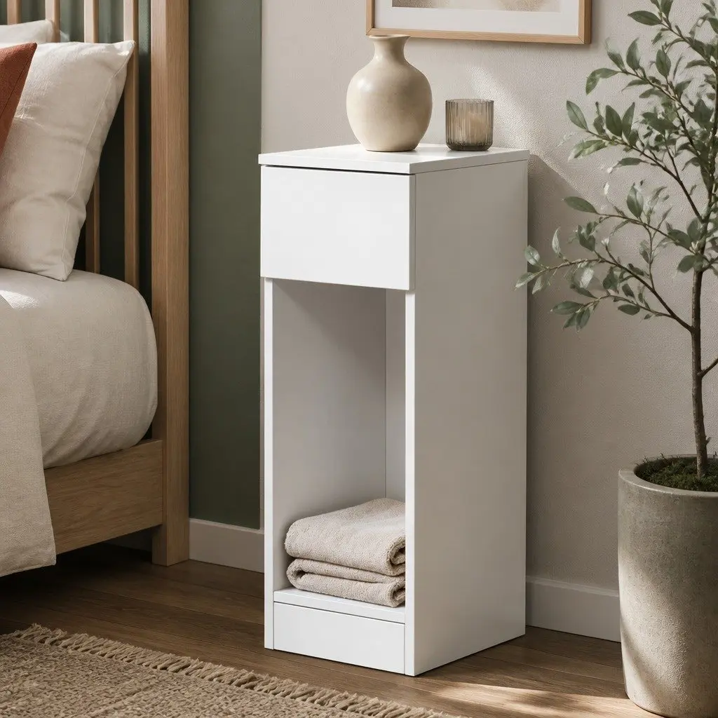 Slim Bedside Table with Drawer and Open Shelf
