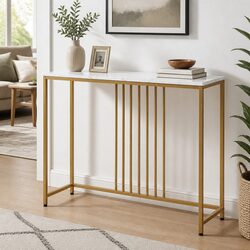 Narrow Entryway Console Table with Marble Effect & Gold Frame
