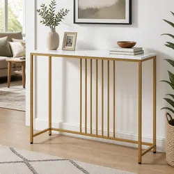 Narrow Entryway Console Table with Marble Effect & Gold Frame