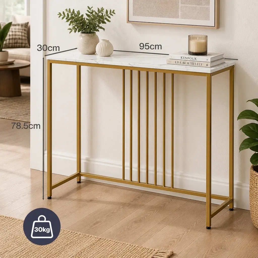 Narrow Entryway Console Table with Marble Effect & Gold Frame