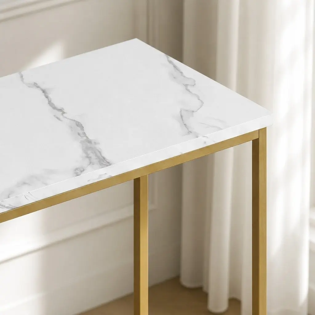 Narrow Entryway Console Table with Marble Effect & Gold Frame