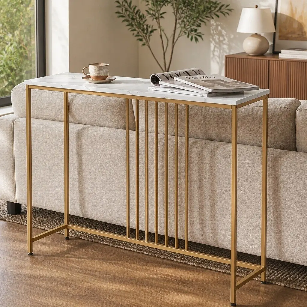 Narrow Entryway Console Table with Marble Effect & Gold Frame