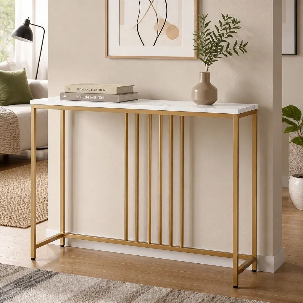 Narrow Entryway Console Table with Marble Effect & Gold Frame