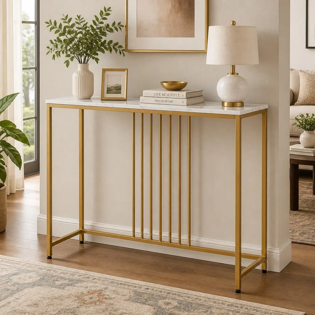 Narrow Entryway Console Table with Marble Effect & Gold Frame