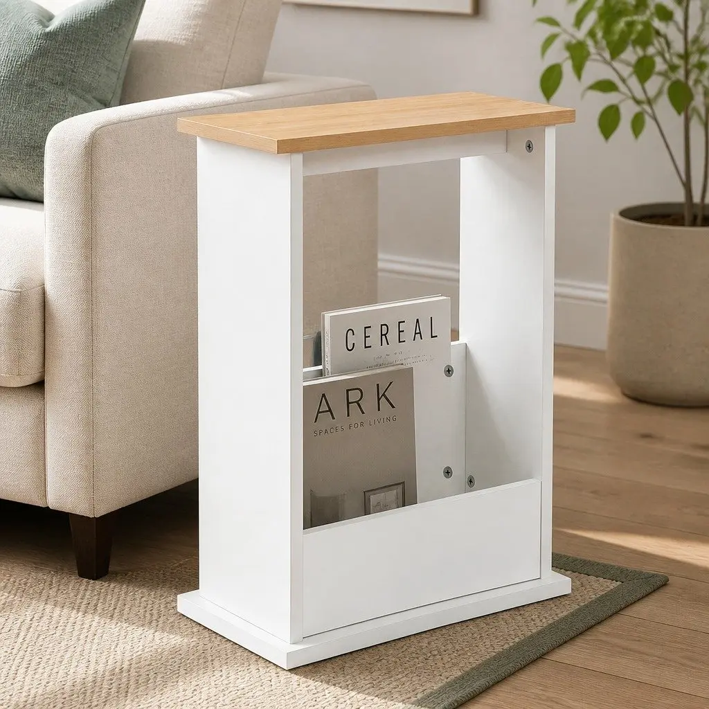 Slim Side Table MDF Natural 45cm L x 18cm W x 55cm H with Magazine Rack Storage