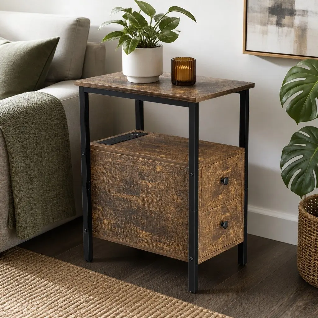 Narrow Side Table with USB Charging Station and Storage