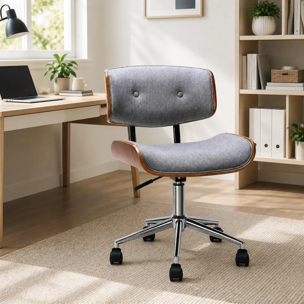 Rotatable Grey Office Chair with Wooden Frame