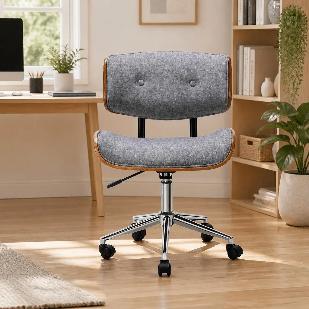 Rotatable Grey Office Chair with Wooden Frame
