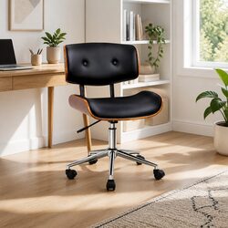 Black PU Leather Swivel Office Chair with Wooden Frame