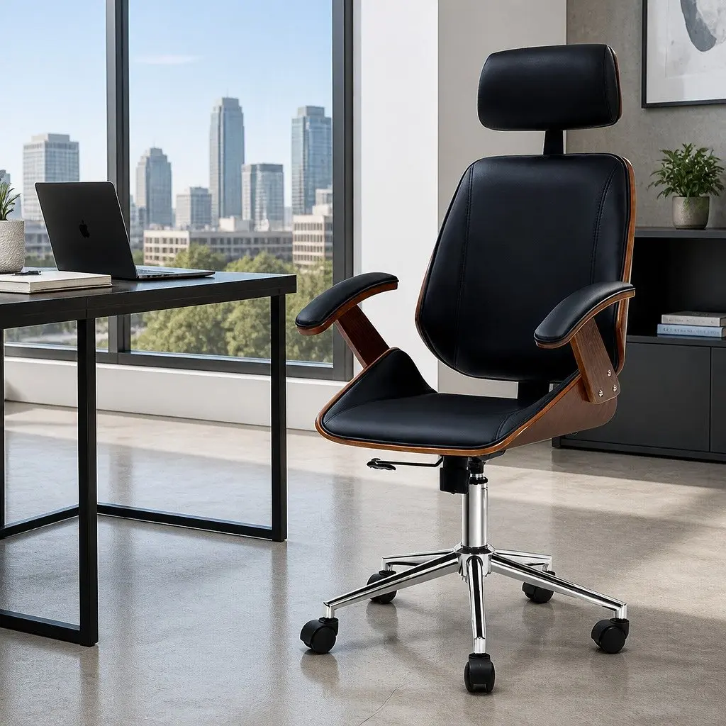 Office Chair Wooden Frame PU Leather Seat Black Height Adjustable Ergonomic Swivel