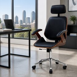 Ergonomic Black Leather Office Chair with Wooden Frame