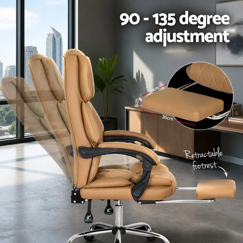 Office Chair PU Leather Brown High Back Reclining Swivel with Footrest