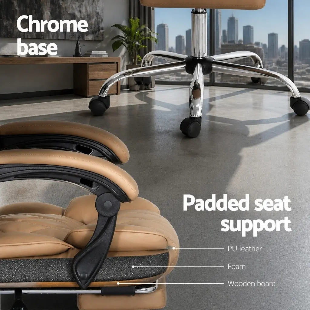 Office Chair PU Leather Brown High Back Reclining Swivel with Footrest