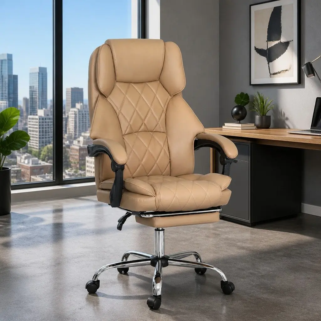 Office Chair PU Leather Brown High Back Reclining Swivel with Footrest
