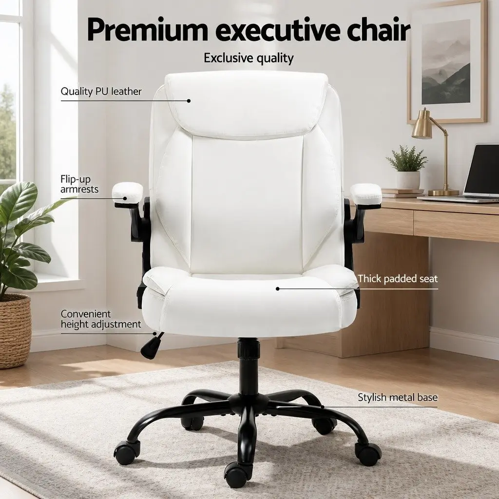 Executive Office Chair Mid Back White High Density Foam Swivel Desk Seat