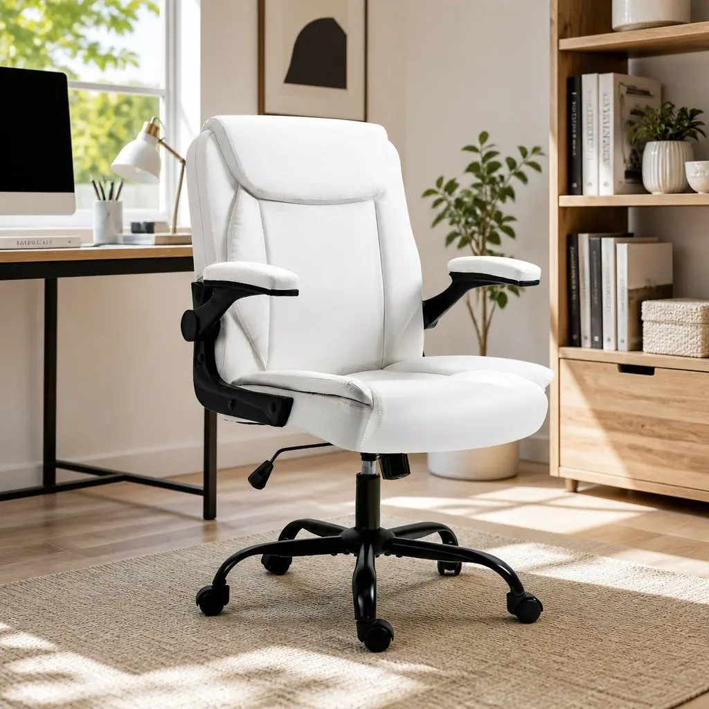 Executive Office Chair Mid Back White High Density Foam Swivel Desk Seat