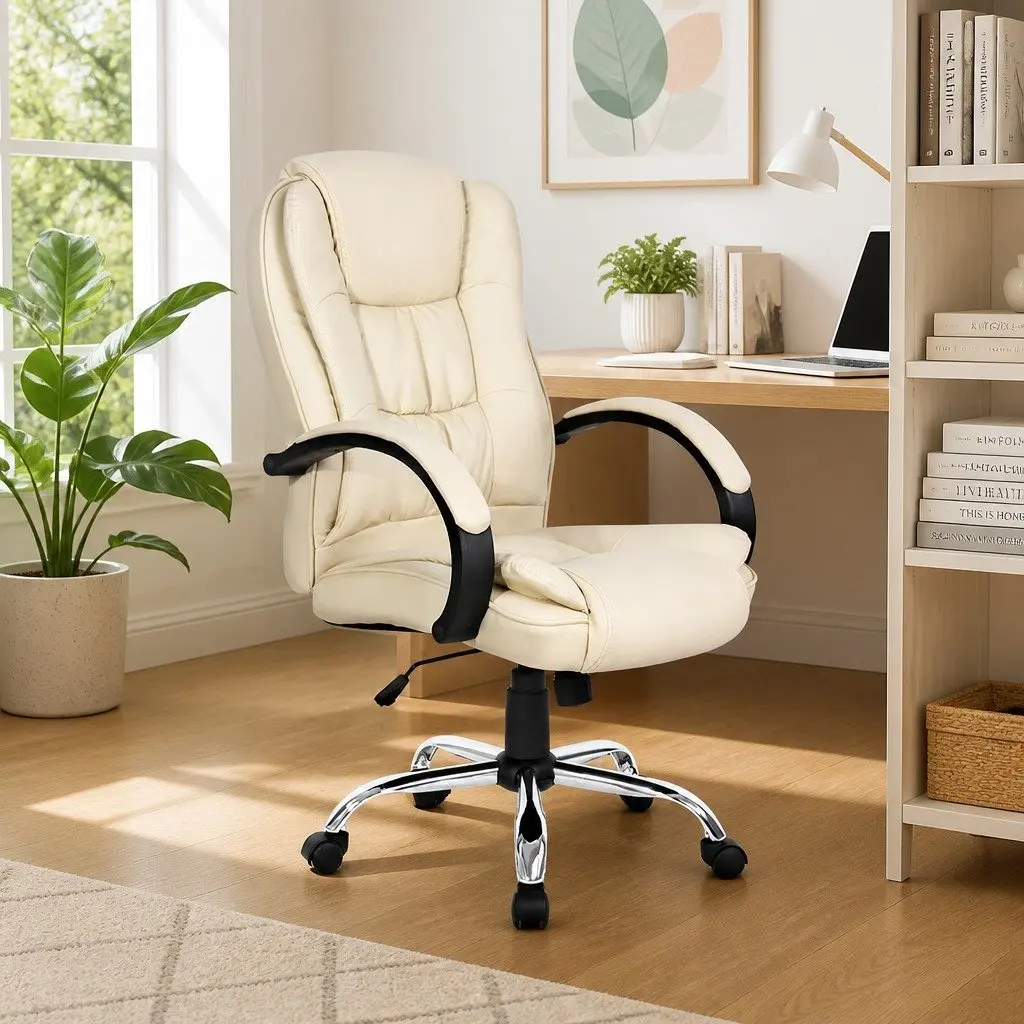Executive Office Chair High Back Tilt Swivel Padded Headrest Armrests Beige