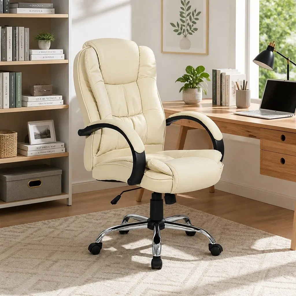 Executive Office Chair High Back Tilt Swivel Padded Headrest Armrests Beige