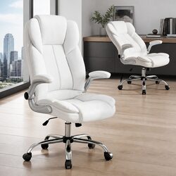 Executive Office Chair White Leather High Back Tilt Swivel Gas Lift Lumbar
