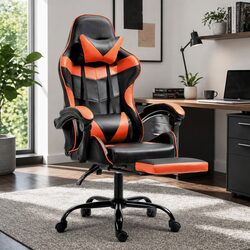 High-Back Gaming Office Chair with Footrest in Orange