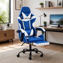 Executive High-Back Gaming Chair with Footrest in Blue & White
