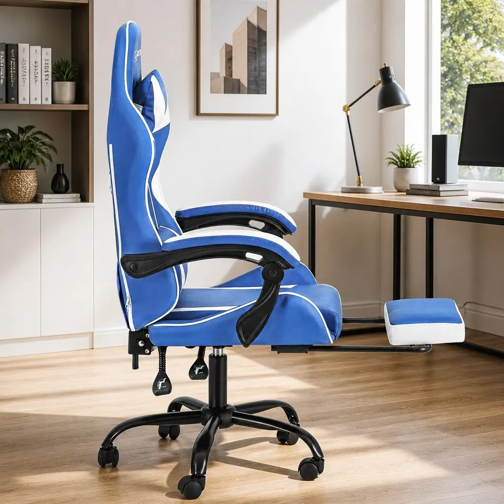 Executive High-Back Gaming Chair with Footrest in Blue & White
