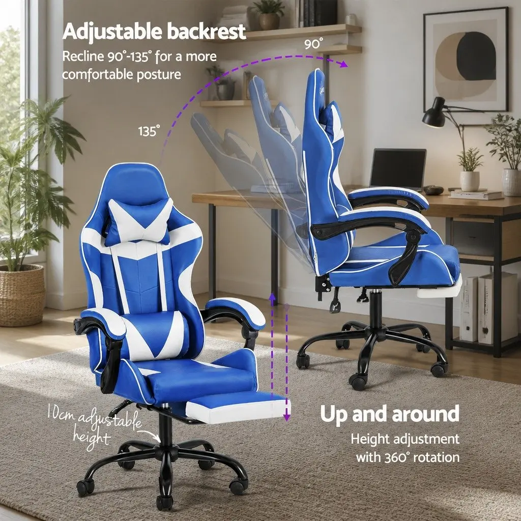 Executive High-Back Gaming Chair with Footrest in Blue & White
