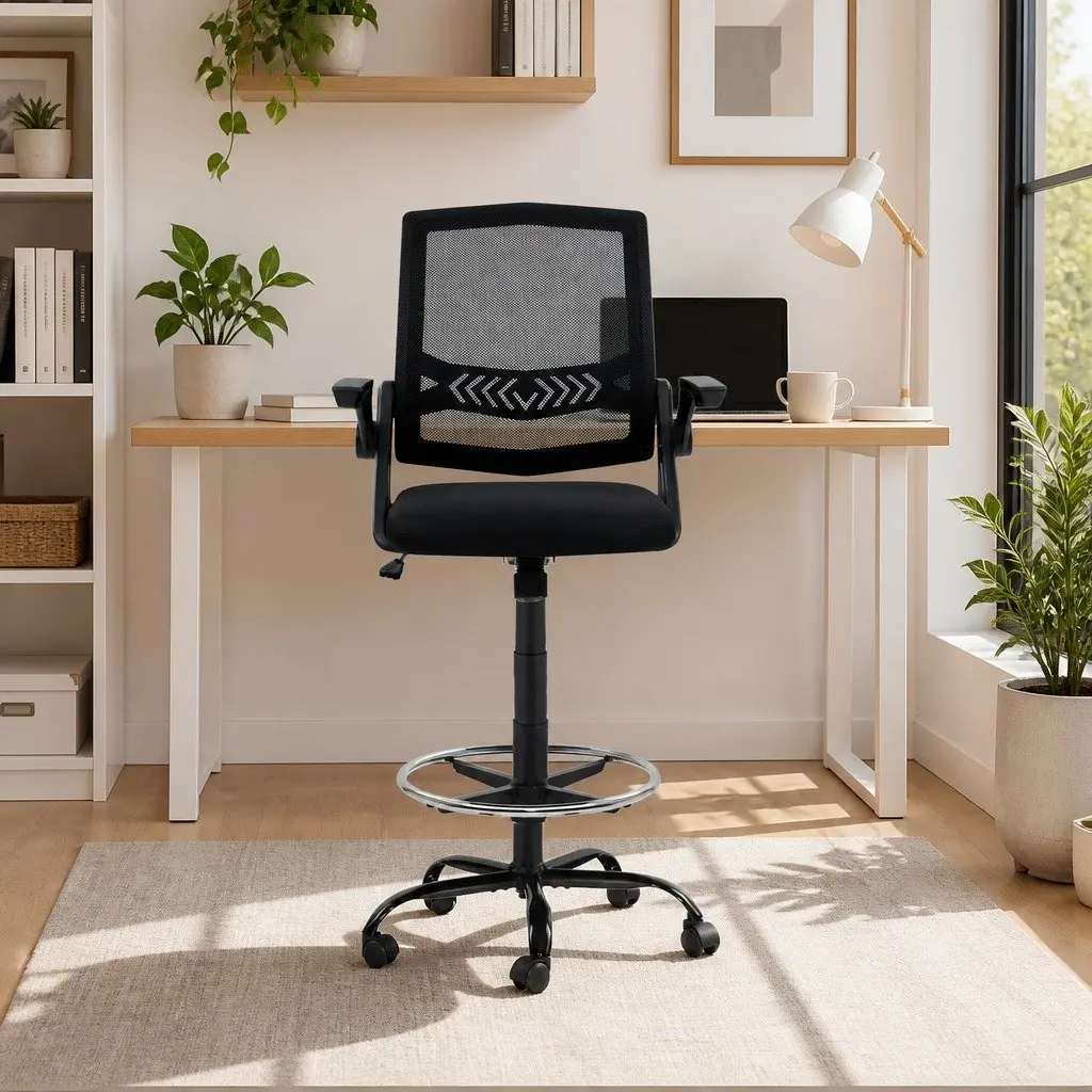 Adjustable Height Drafting Stool with Armrests and Footrest