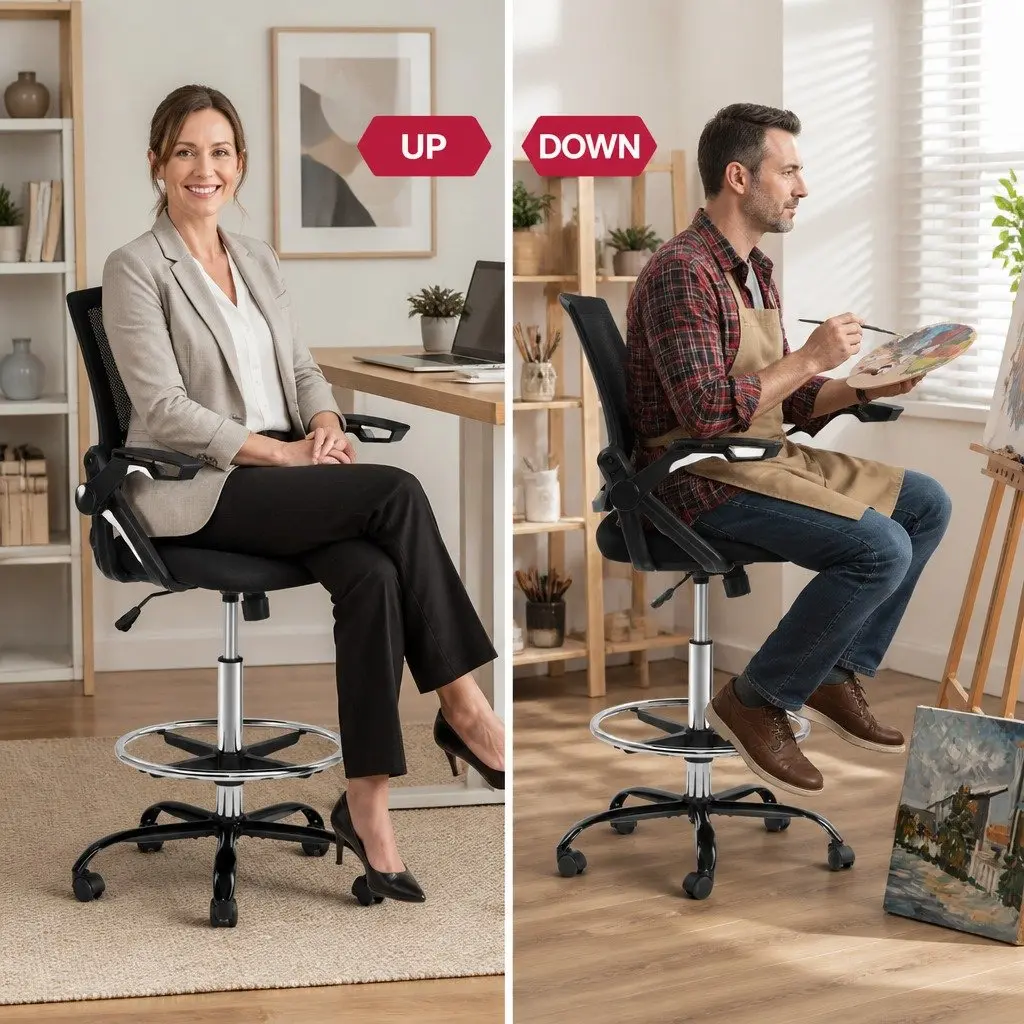 Adjustable Height Drafting Stool with Armrests and Footrest