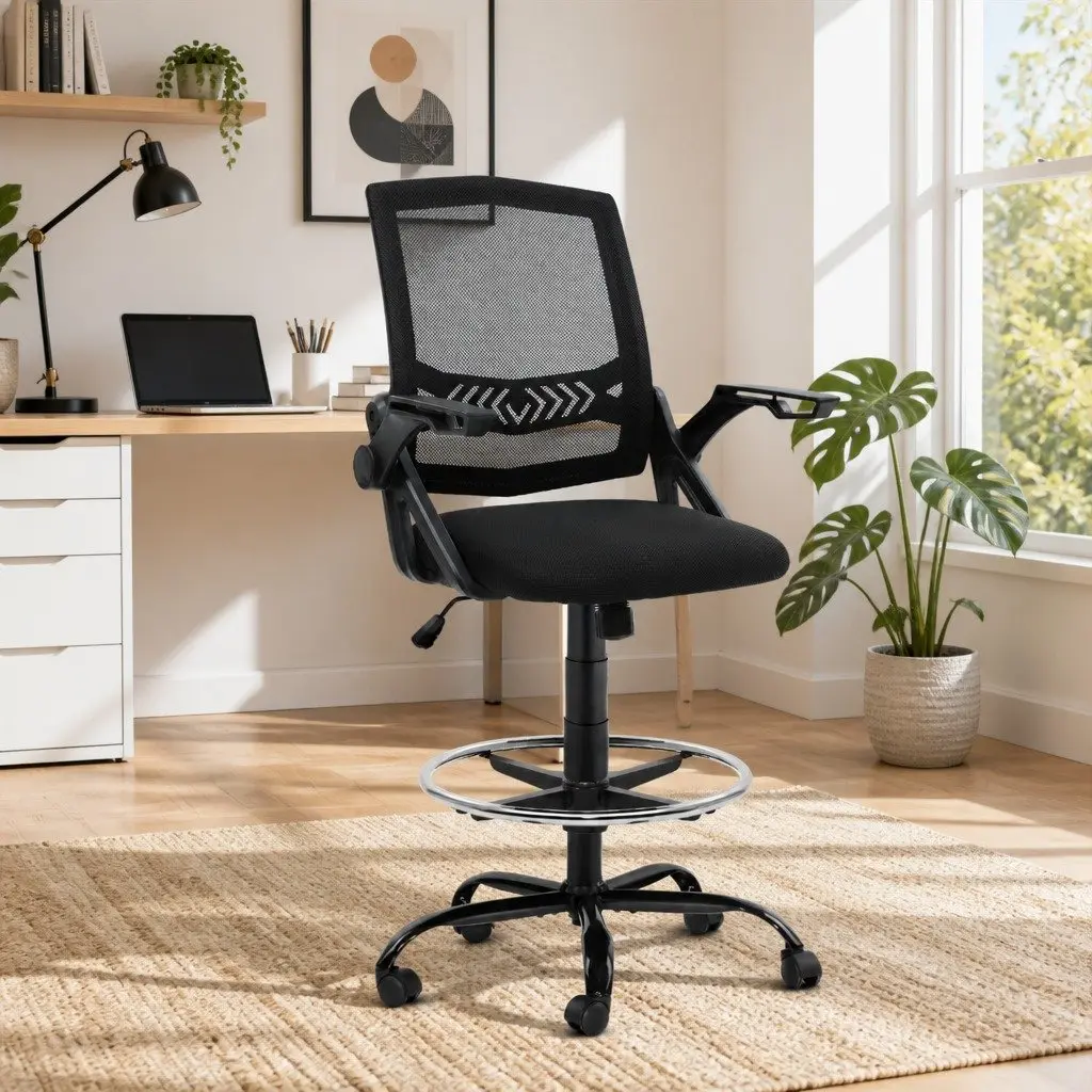 Adjustable Height Drafting Stool with Armrests and Footrest