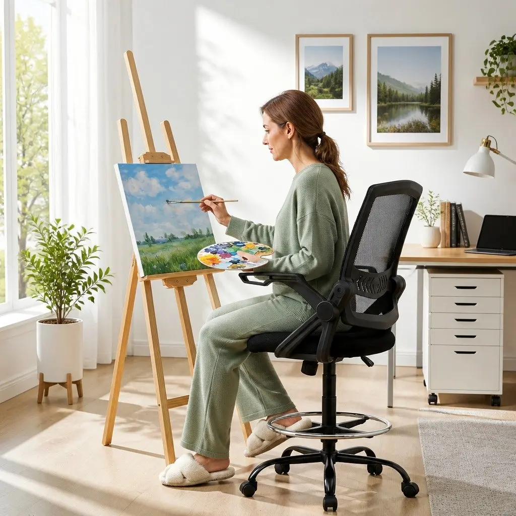 Adjustable Height Drafting Stool with Armrests and Footrest