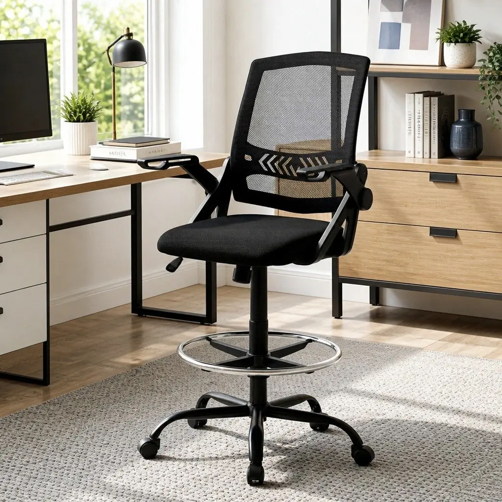 Adjustable Height Drafting Stool with Armrests and Footrest
