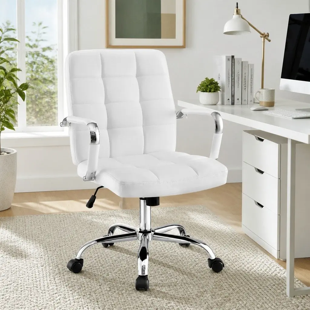 Mid-Back White PU Leather Office Chair for Workspaces