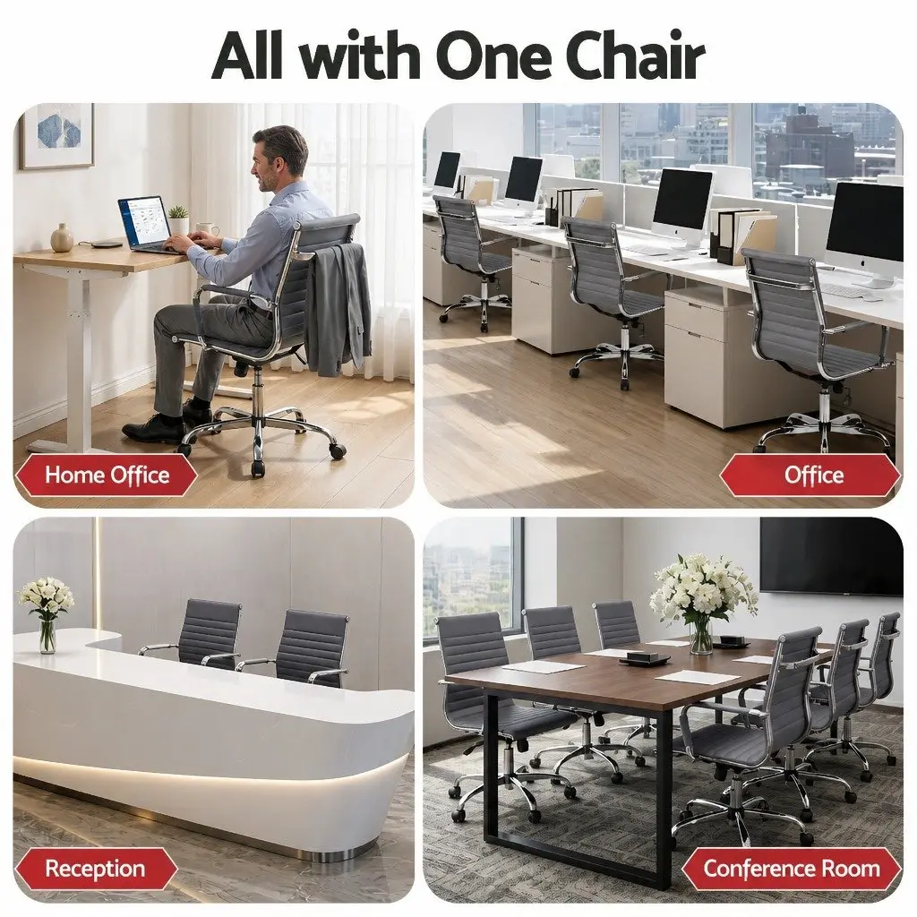 Grey PU Leather Mid Back Conference Chair 360° Rotation