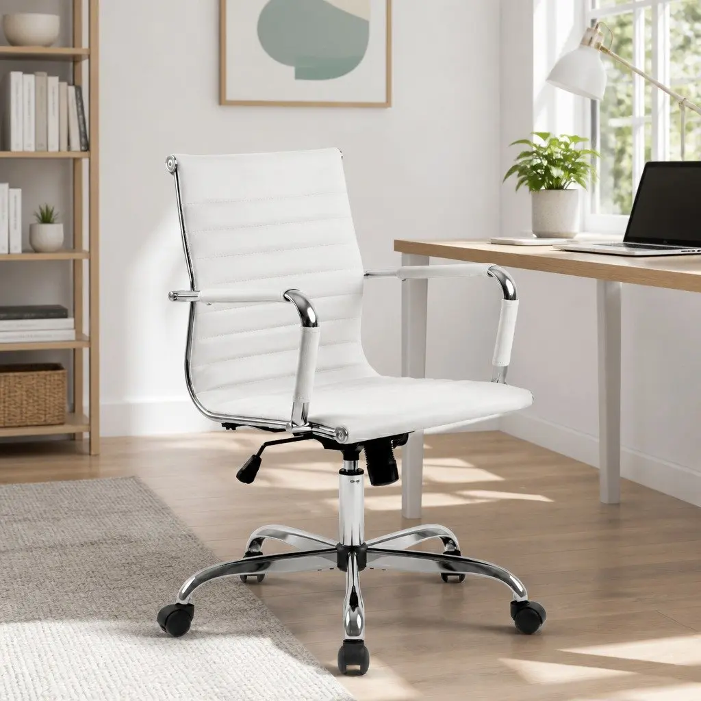 Mid Back White Leather Swivel Desk Chair