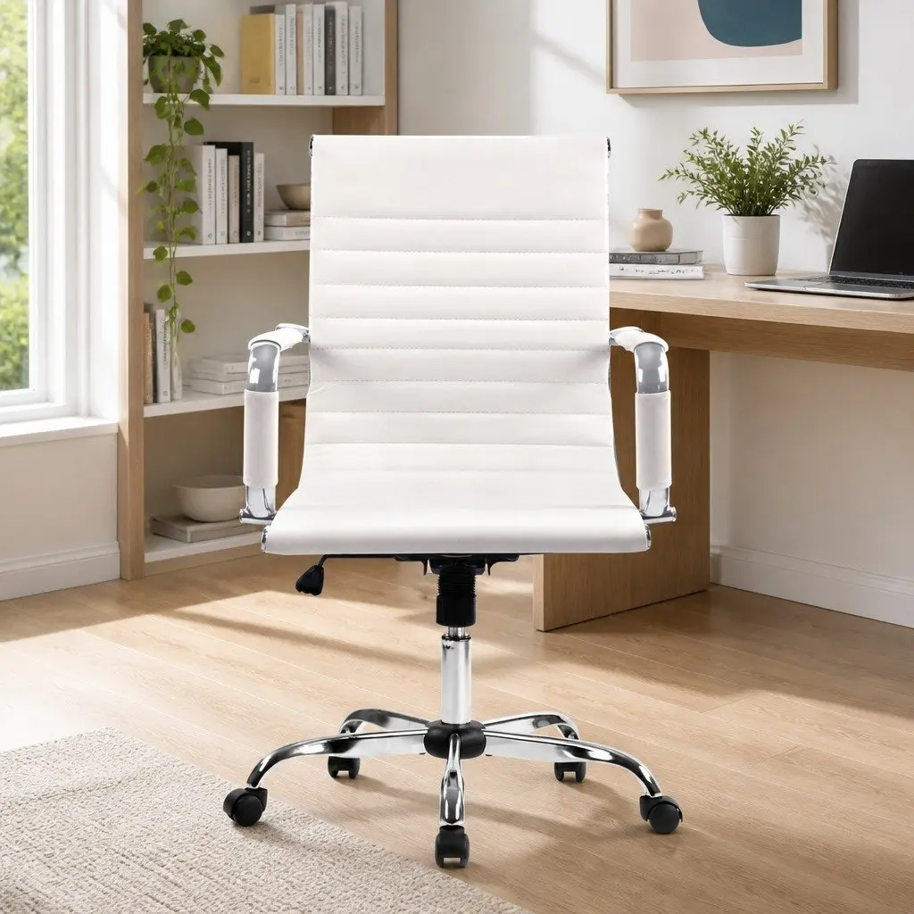 Mid Back White Leather Swivel Desk Chair