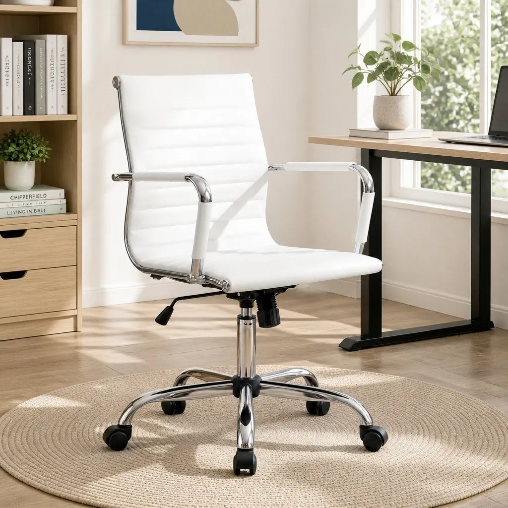 Mid Back White Leather Swivel Desk Chair