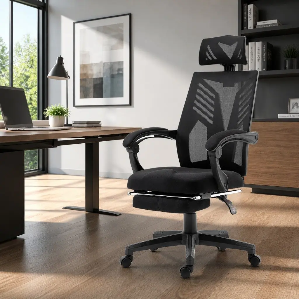 Black Mesh Office Chair with Adjustable Headrest