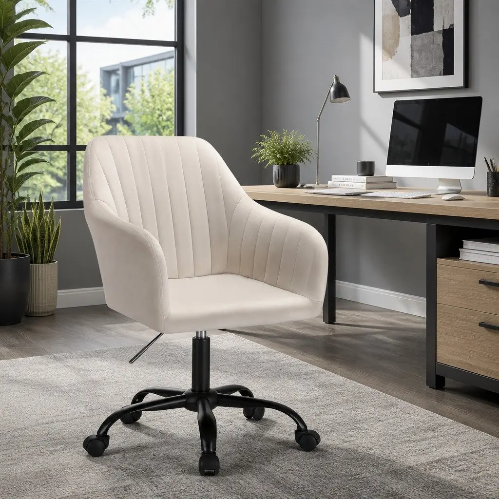 Office Chair Velvet Cream Mid Back Swivel Adjustable Height