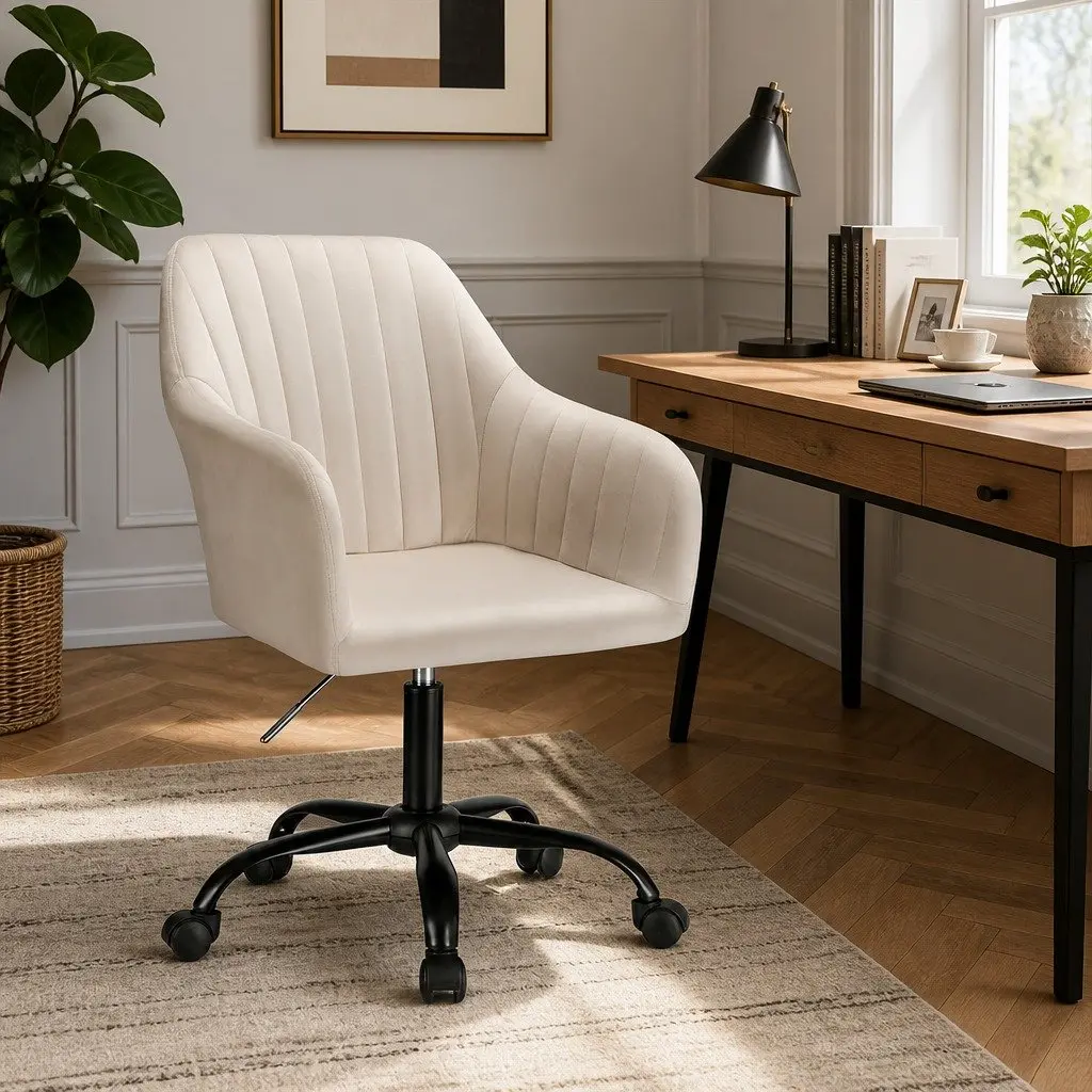 Office Chair Velvet Cream Mid Back Swivel Adjustable Height